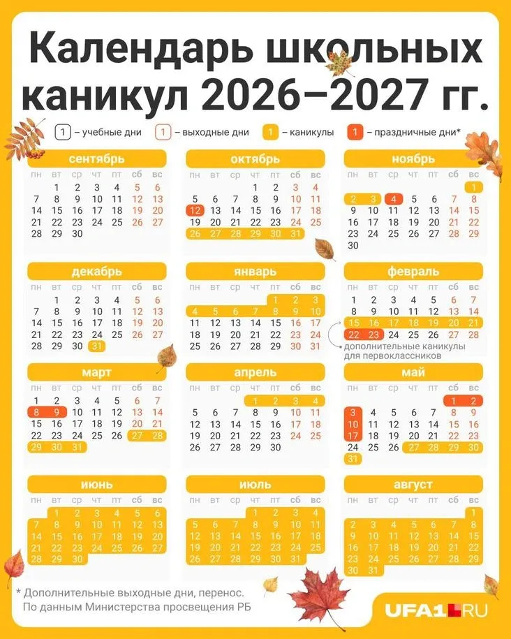 Осенние каникулы в школах Башкирии продлятся с 26 октября по 3 ноября